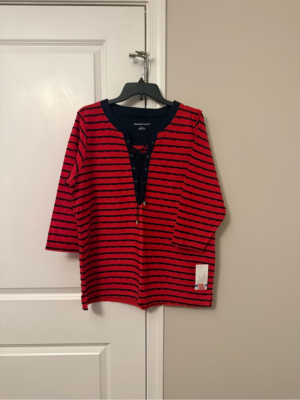 Allison Daley Red and Black Striped Lace-Up Knit Top